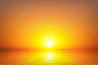 Post industrial science fiction sunset on submerged city.