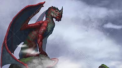 Animated digital painting of red and green dragon sitting on a cliff among the clouds waiting to fly away - digital fantasy