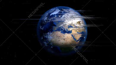 Video glitch effect on earth planet in univers, slice effect on world illustration with slice effect, pixelate defect screen