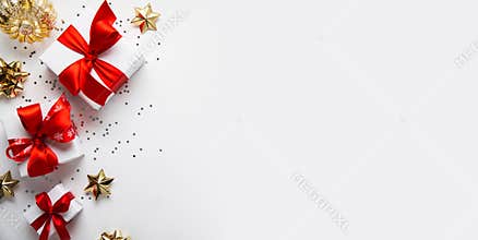 Merry Christmas and Happy Holidays greeting card, frame, banner. New Year. Noel. Christmas gifts and red, golden decor on white