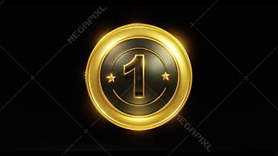 Gold, shiny, luminous round sign, number 1 icon on a black background. Rotation in a circle. 3d render. Looped 4k video