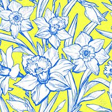 Hand drawn colored floral vintage seamless patten with narcissus.