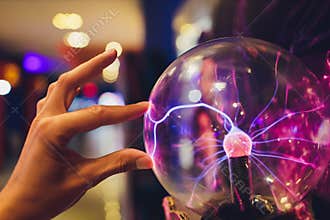 Hand touching a plasma ball with smooth magenta-blue flames.