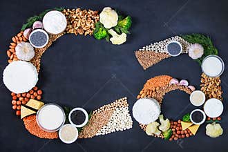 Set of food that is rich in calcium. Top view.