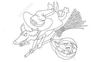 Invitation card on Halloween. Dachshund on a broomstick with a pumpkin and a costume. Digital - download and print
