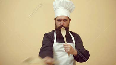 Bearded crazy Chef cook make funny face. Funny cooking. Chef cook ready to cooking.