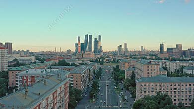 MOSCOW, RUSSIA - JUNE, 2019: Aerial drone shot of residential buildings and Moscow City on background