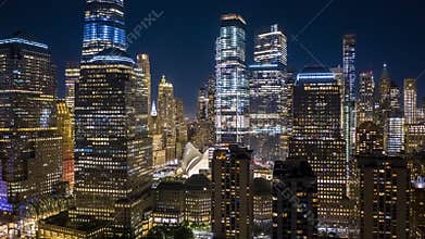 Aerial drone hyperlapse of New York skyline at night