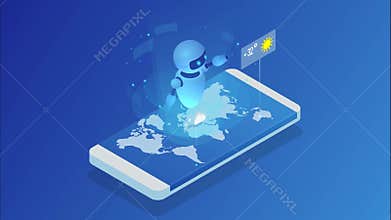 Live chatbot tells the weather forecast. Isometric Online weather forecast widget mobile application program. HD Video.
