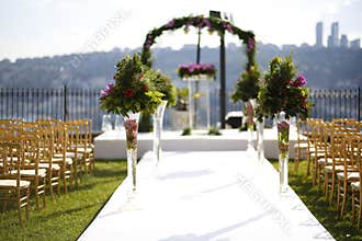Expensive country wedding setup in the golden hours