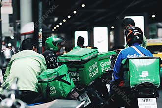 .Grab food is food delivery service in Bangkok city,Thailand, August 19,2019