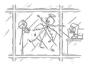 Vector Cartoon of Flying Angel Who Crush into Office Building Window