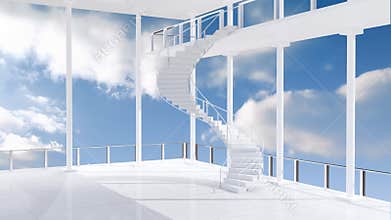 Modern interiors with blue sky and clouds
