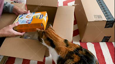 Man unboxing unpacking e-commerce Amazon Parcel