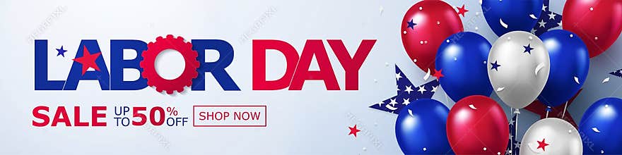 Happy Labor Day Sale long horizontal banner. USA festive design with helium balloons in national colors of american flag and stars