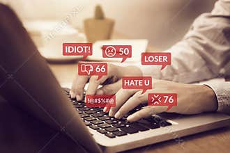 Cyber bullying concept. people using notebook computer laptop for social media interactions with notification icons of hate speech