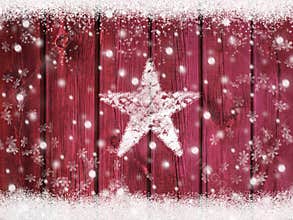 Christmas winter holiday snow star background with snowflakes on wooden texture with snow frame