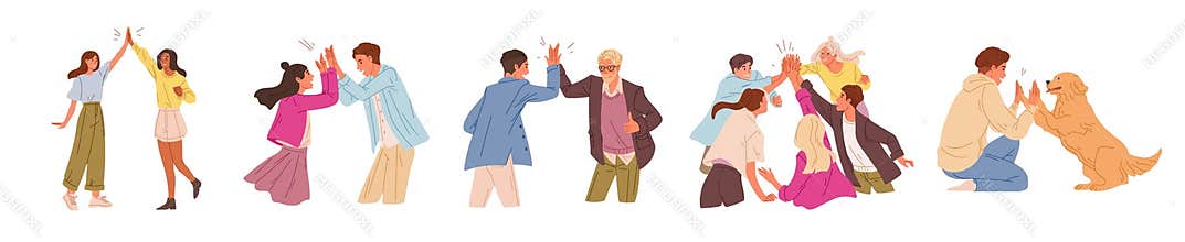 Informal greeting flat vector illustrations set. Happy people giving high five isolated on white background. Cheerful