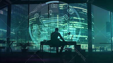 Silhouette of a web designer on the background of business center skyscrapers. 3d render