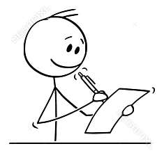 Vector Cartoon of Smiling Man or Businessman Writing on Sheet of Paper with Ballpoint Pen