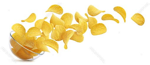 Potato chips falling into glass bowl isolated on white background
