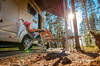 Family vacation travel RV, holiday trip in motorhome