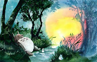Watercolor sleeping totoro in the forest