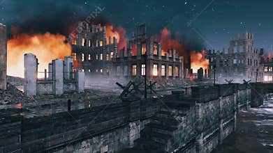 City ruins riverfront destroyed after war at night 4K
