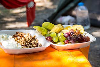 Tray with delicious cheese, grape and nuts on table