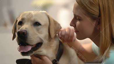 Young woman hugging dog, emotional pet connection, happy labrador owner, love