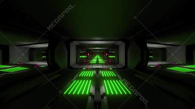 Dark black space scifi tunnel with green pink glowing lights 3d illustration wallpaper background vj loop endless