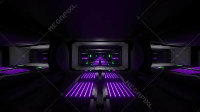 Dark black space scifi tunnel with green purple glowing lights 3d illustration wallpaper background vj loop endless
