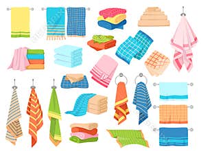 Bath towel. Hand kitchen towels, textile cloth for spa, beach, shower fabric rolls lying in stack. Cartoon vector set