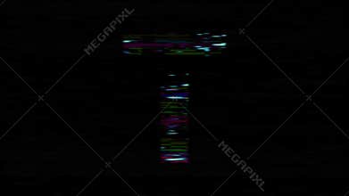 Letter T reveal on old bad tv monitor with glitchy effect