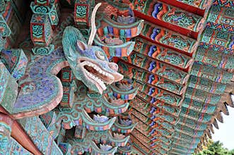 Carved and painted eaves of Bulguksa Temple, Gyeongju, South Korea