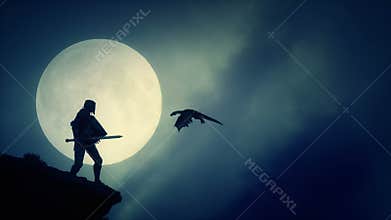 Medieval knight looking at a dragon flying in the sky