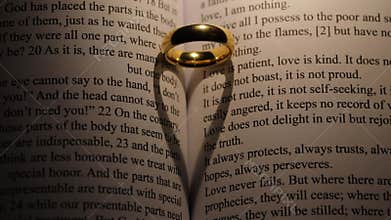 Golden wedding ring on bible book