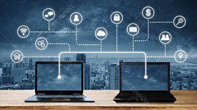 Laptop computers with network connection and sharing data to other devices. Internet networking and connection