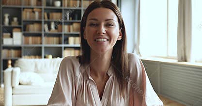 Woman applicant look at webcam conference calling for job interview