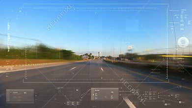 Time-lapse of driver point of view motion blur moving forward driving, between the country road, with technology HUD user interfac