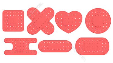 Adhesive bandages set in different shape isolated on white background, red. Adhesive plasters.