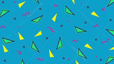 Abstract blue pattern background with triangles, circles, lines and zigzags.