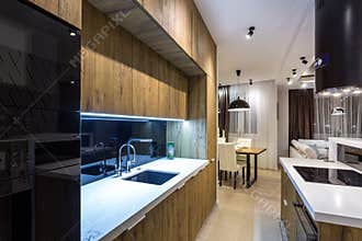 MINSK, BELARUS - august, 2019: luxure kitchen interior of loft flat apartments
