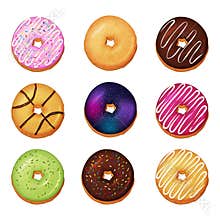 Collection of delicious donuts on white background. Cartoon style. Vector illustration. Isolated on white. Object for packaging,