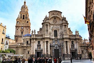 Tourists visiting Cardenal Belluga square in Murcia
