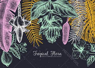 Tropical paradise frame design. With hand drawn exotic flowers and palm leaves sketches. Tropical wedding invitation or card