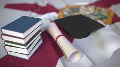 Graduation cap, books and diploma on the flag of Florida. Higher education in the USA related conceptual 3D animation