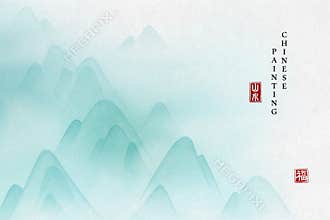 Chinese ink painting art background elegant landscape view of mountain and misty fog. Chinese translation : Nature landscape and
