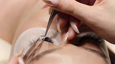 Eyelashes extensions. Fake eyelashes. Eyelash extension procedure.Close up portrait of woman eye with long eyelashes