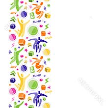 Seamless pattern, border. Set: jumping people, trampoline, speaker, foam cubes, lightning. Trampoline park concept.